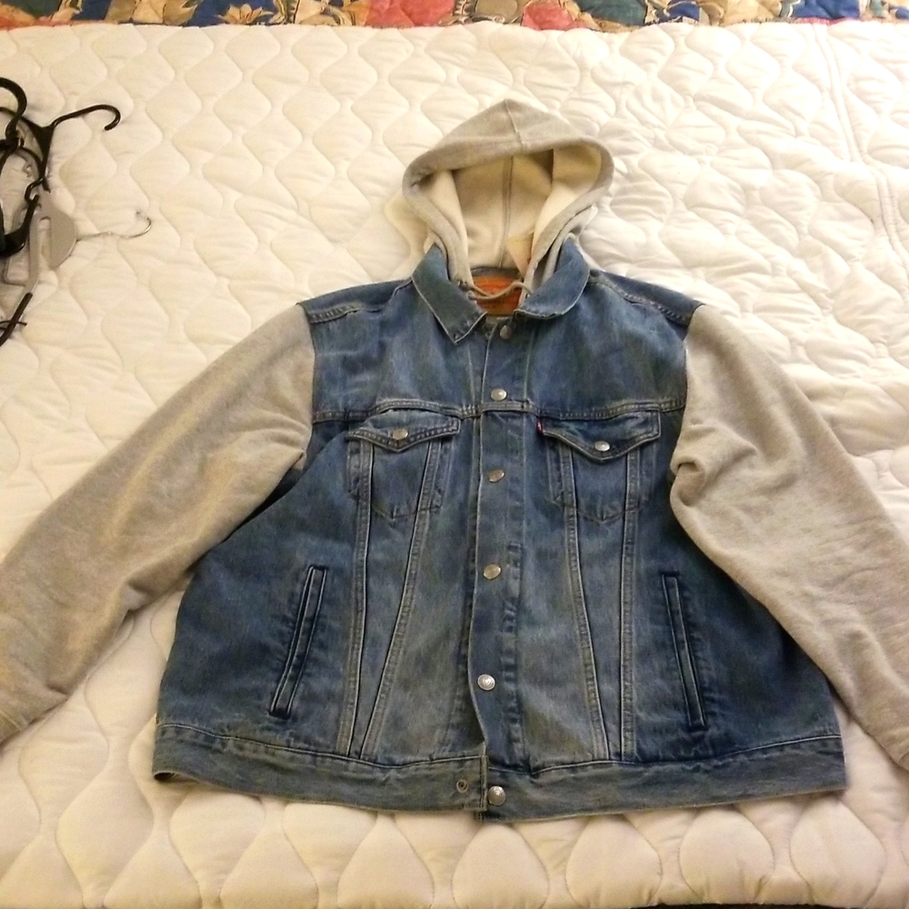 Blue denim jacket with hoods